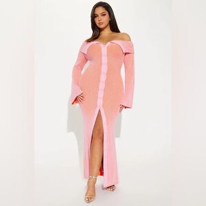 Pink Off-Shoulder Button-Down Dress